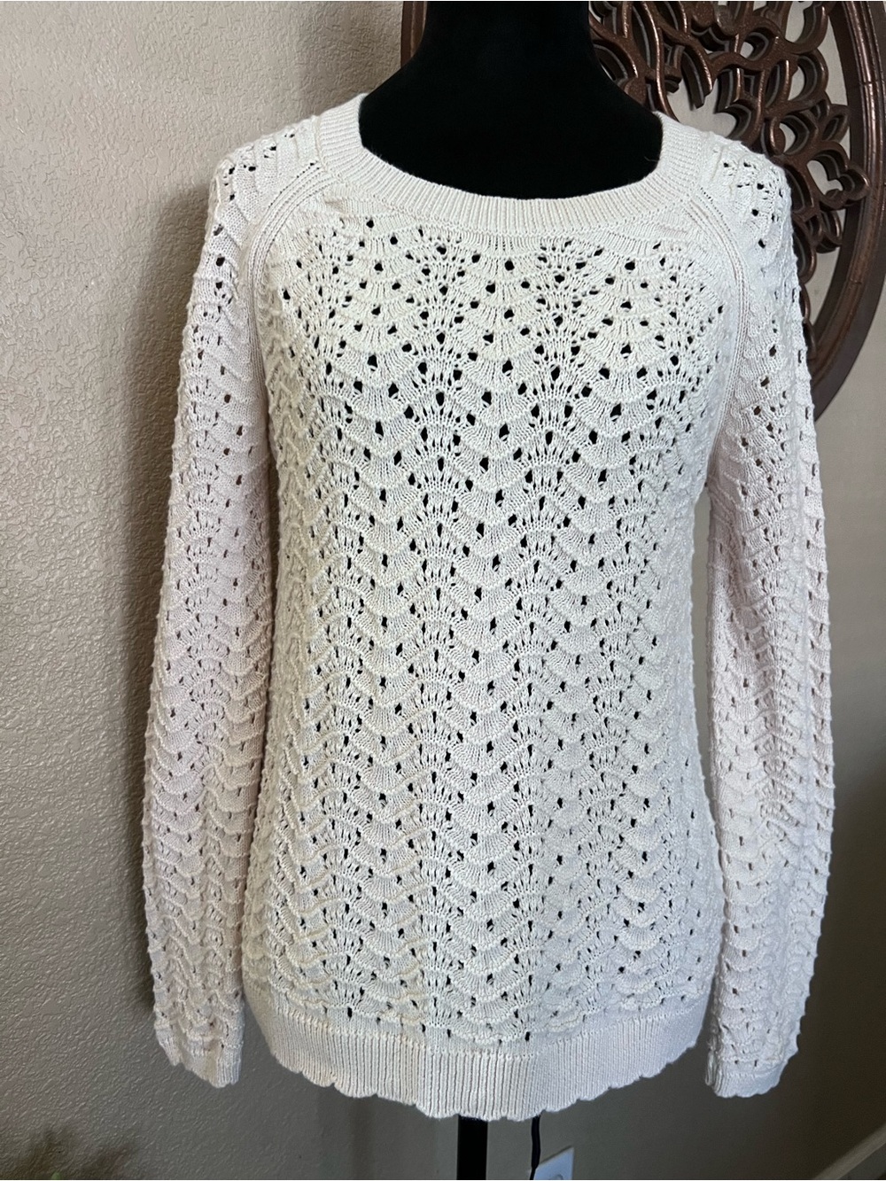Coldwater Creek Cream Openwork Crewneck Sweater
